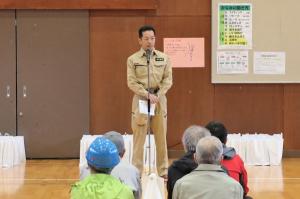 地区別防災訓練の開会式で挨拶をする宮崎市長の写真