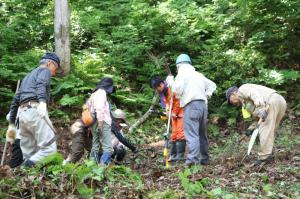 地面から出土した遺構をみる参加者と学芸員