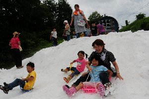 雪山でそり滑りを楽しむ来場者の画像