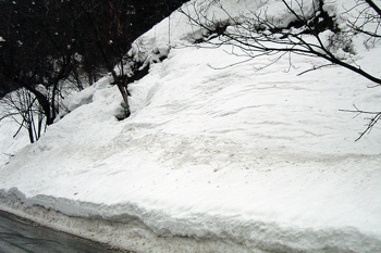 山の斜面にできたしわ状の雪の画像